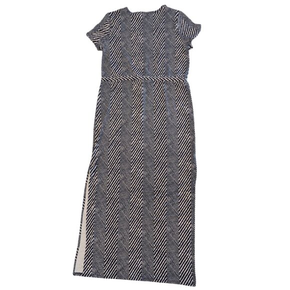 MICHAEL KORS Jersey Chevron Maxi Dress L Drawstring Waist Scoop Neck Navy White - Picture 2 of 7